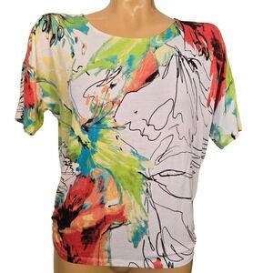 Chicos Abstract Floral Print Short Sleeve Top ruched hemWomen Size 0 White Multi